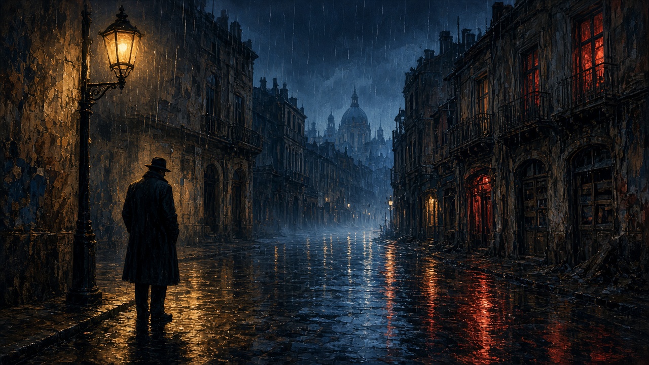 Rue pluvieuse noir réinterprétée — Disco Elysium